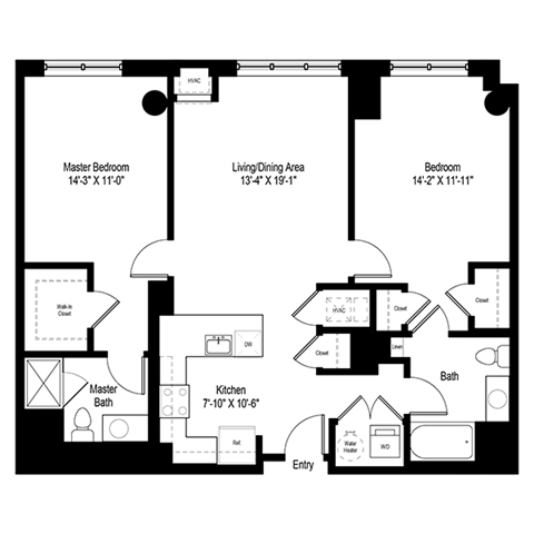 Floor plan for 2 beds, 2 baths